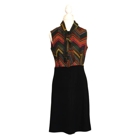 VTG 1970's Sleeveless Tie Neck Secretary Dress Multicolor Chevron & Black sz S - Picture 1 of 14